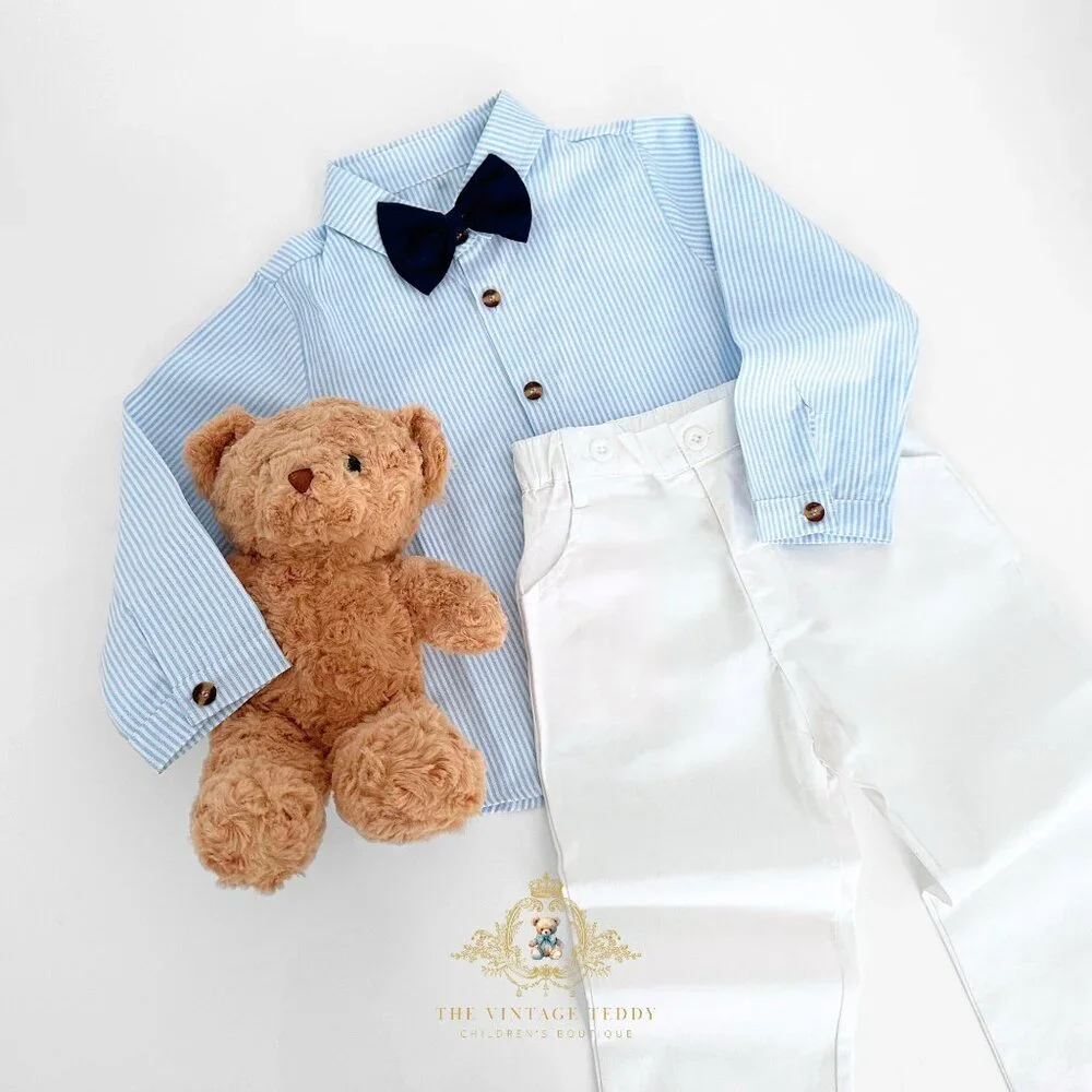 NWT Handsome Boys Dress Shirt, Bow Tie, Pants & Suspenders Matching Set Blue 2T
